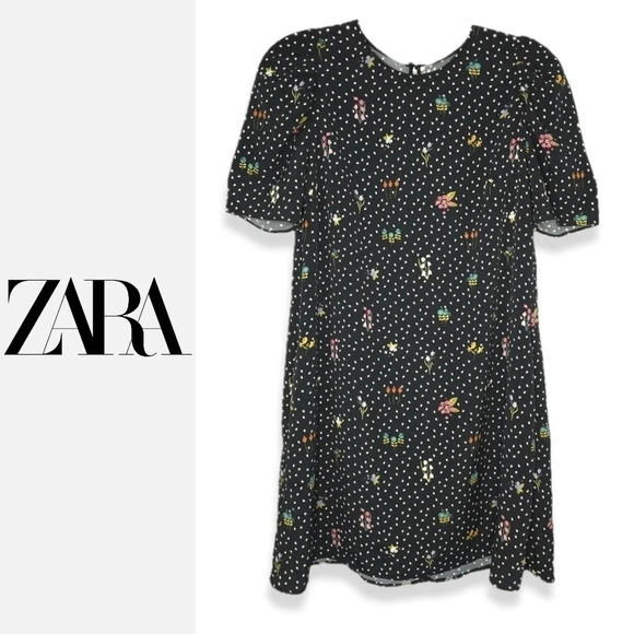 ZARA BASICS Short Sleeve Black Ditsy Floral Shift Dress with Pockets, Size S - Picture 1 of 14
